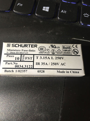 One Box Schurter 5x20mm Miniature Fuse Links 0034.3122 10 PCs.  T 3.15A L 250V