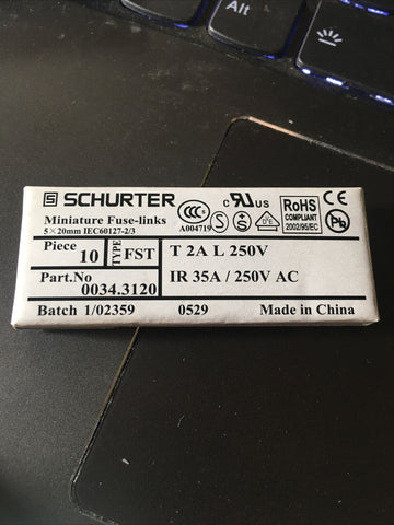 One Box Schurter 5x20mm Miniature Fuse Links 0034.3120 10 PCs.  T 2A L 250V